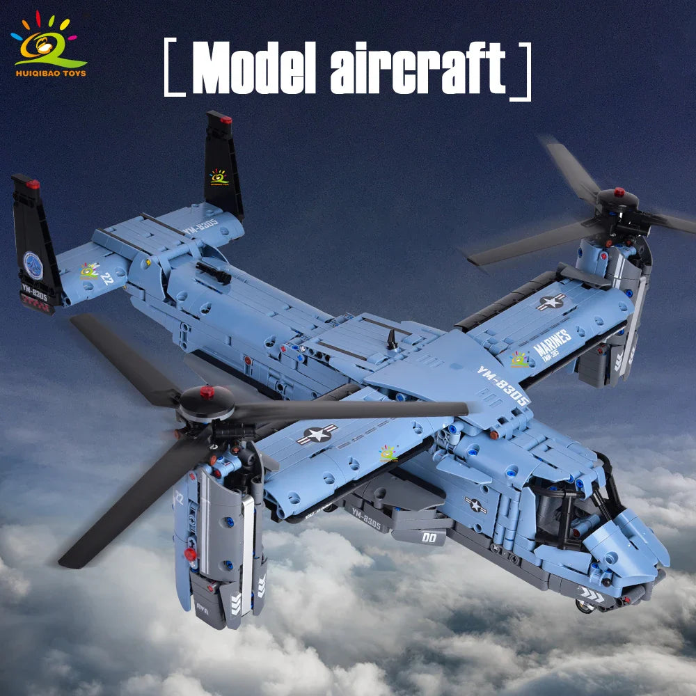 HUIQIBAO MOC 1389PCS V-22 Tiltrotor Aircraft Building Blocks – Military Helicopter Model Toy for Kids & Home Decor