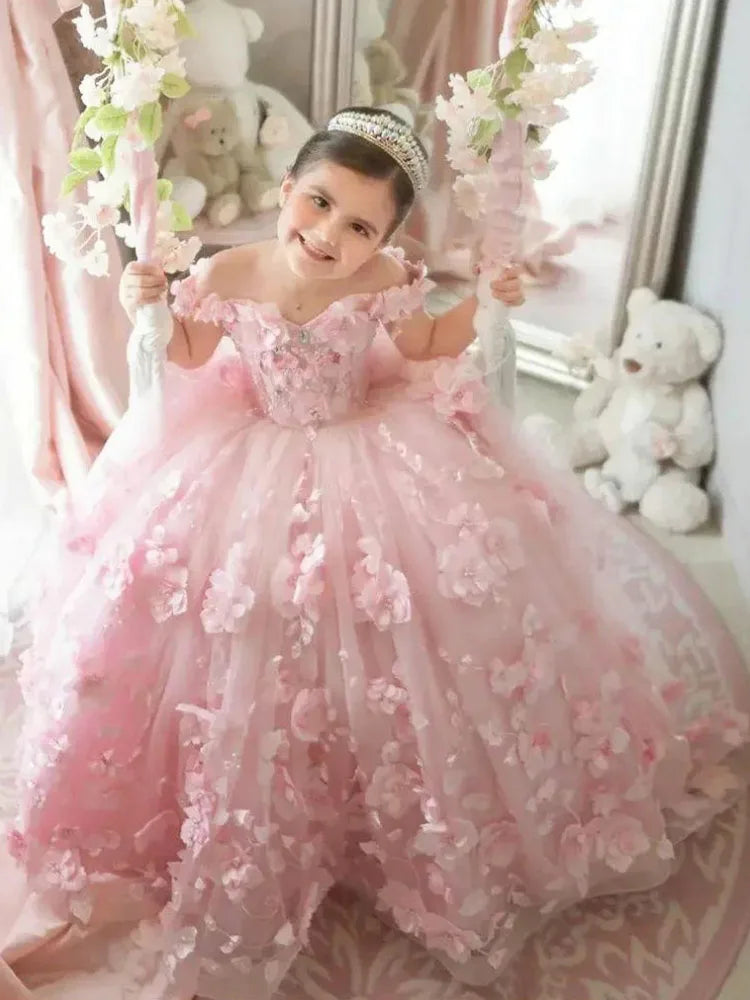 Pink Flower Girl Dress - 3D Floral Applique Pearl Tulle Gown for Weddings & Parties