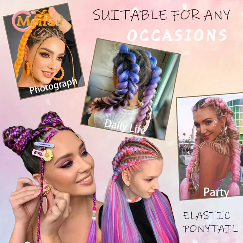 MEIFAN Synthetic Color Braid Ponytail Extension – Red, Green, Blue, Pink, Straight Hair Wrap Around with Elastic Tie