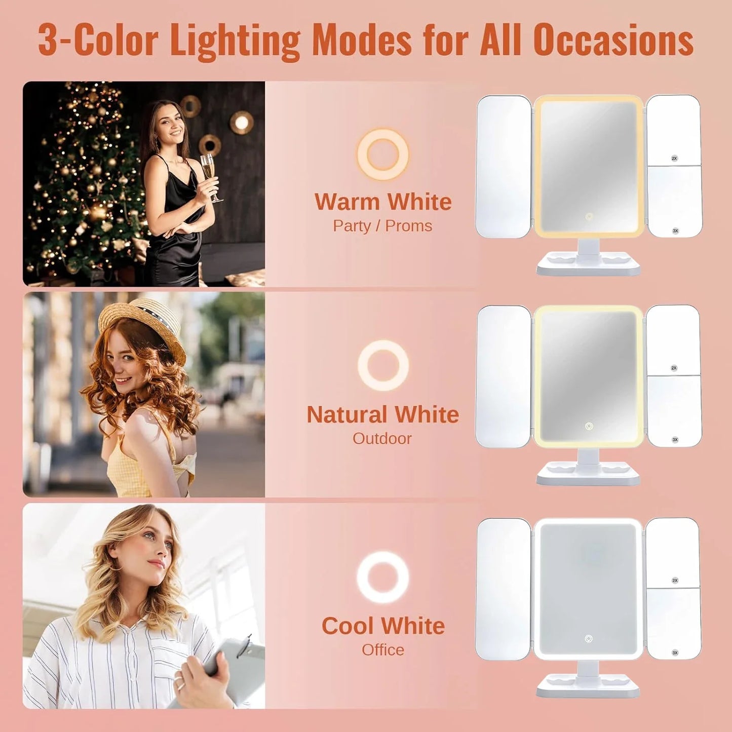 Trifold LED Makeup Mirror – Smart Light-Up Dressing Mirror with Adjustable Fill Light for Beauty & Dorm Use