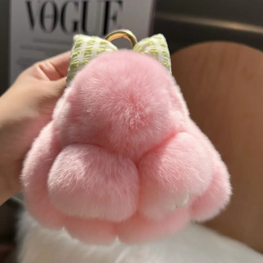 Cute Fluffy Bunny Fur Keychain – Plush Pom Pom Bag Charm and Car Key Ring with Hair Bow
