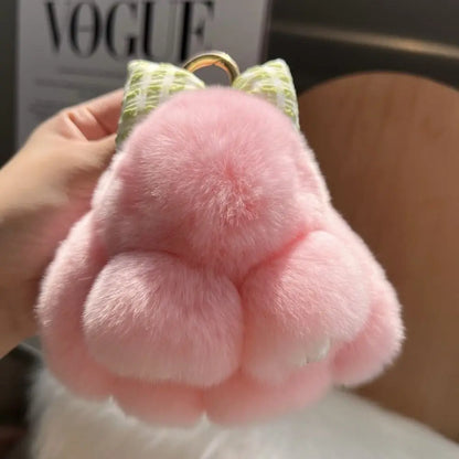 Cute Fluffy Bunny Fur Keychain – Plush Pom Pom Bag Charm and Car Key Ring with Hair Bow