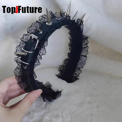 Subculture Y2K Women's Hairband – Harajuku Steampunk Gothic Lolita Punk Black Lace Rivet Pointed Nail Headband Accessory