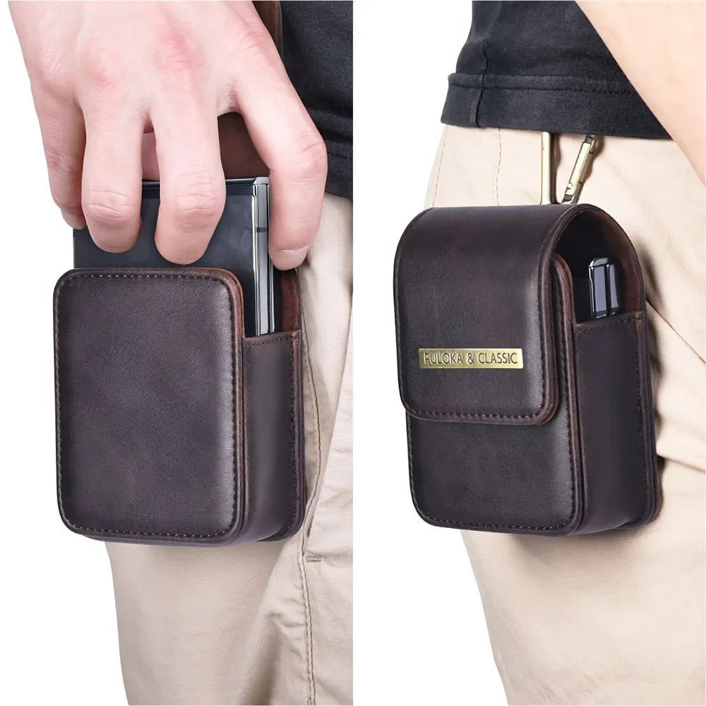 Premium Leather Samsung Galaxy Z Flip 5/4/3/5G Case - Magnetic Phone Bag with Fashion Holster, Luxury Waist Belt Pouch for Men