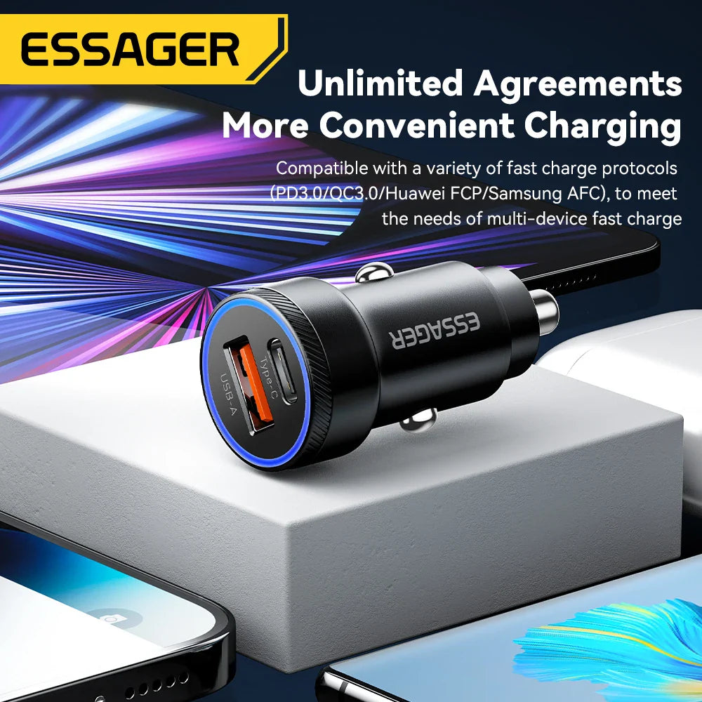 Essager 54W Car Charger – 5A Fast Charging USB Type-C QC 3.0 PD 3.0 SCP Dual Port Quick Charge Adapter for iPhone, Samsung & Xiaomi Devices