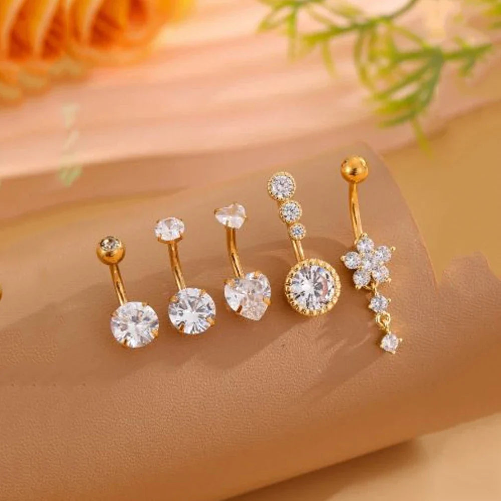 5PCS Belly Button Ring Set – 14G Curved Navel Piercing with Butterfly & Heart Charms, Body Jewelry for Women & Girls