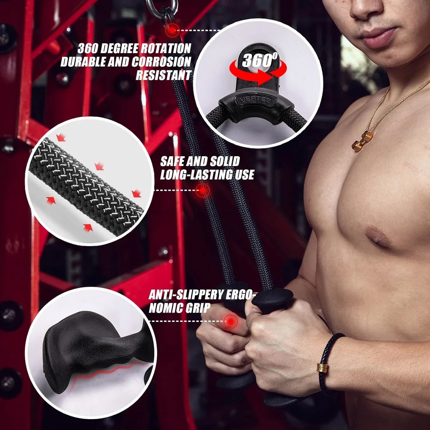 Fitness Biceps & Triceps Rope Pull-Down Grip Handles – Muscle Gym Pulley Cable Attachment for Back Workouts
