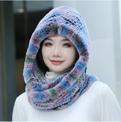 2025 Women’s Knitted Rex Rabbit Fur Hat – Hooded Scarf with Neck Collar, Long Winter Warm Fur Hat & Scarf Set