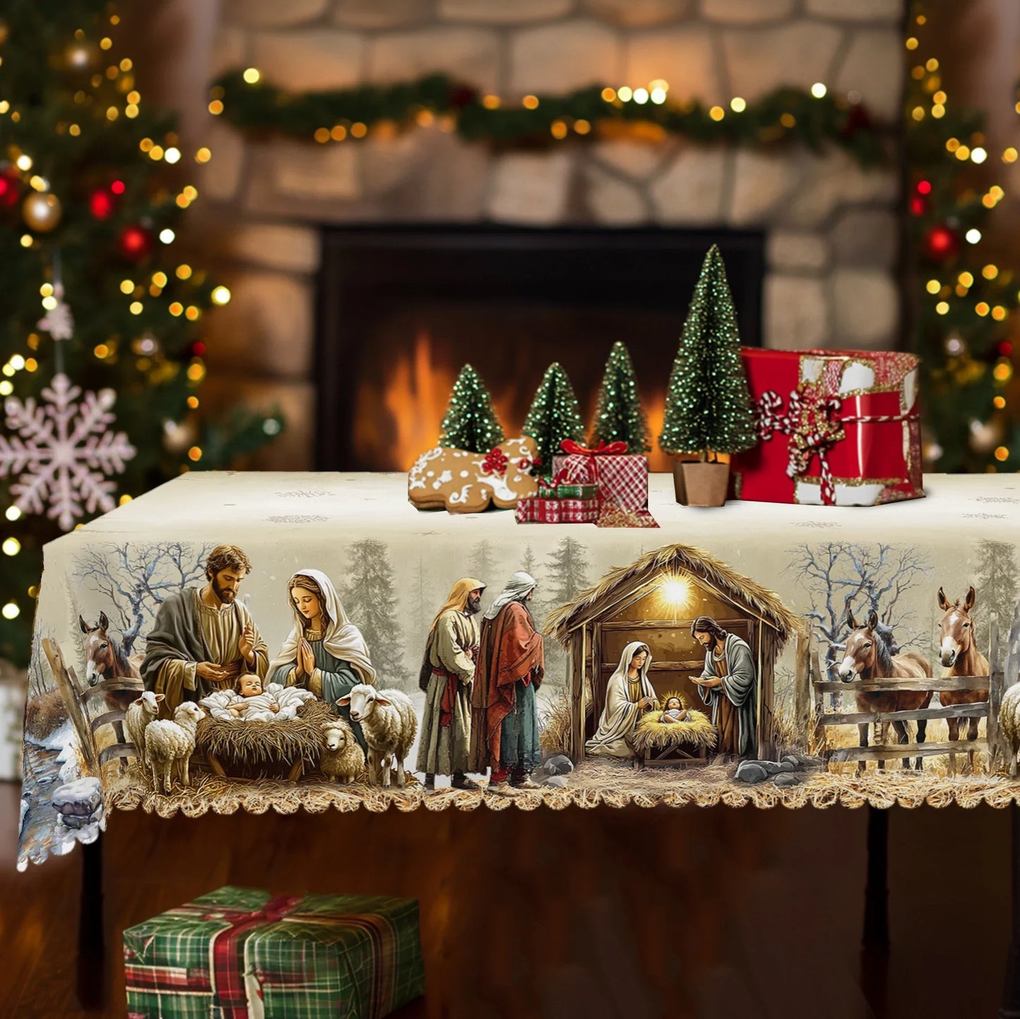Christmas Nativity Scene Tablecloth – Yule Home Party Decor for Indoor & Outdoor, Round & Rectangular Tables