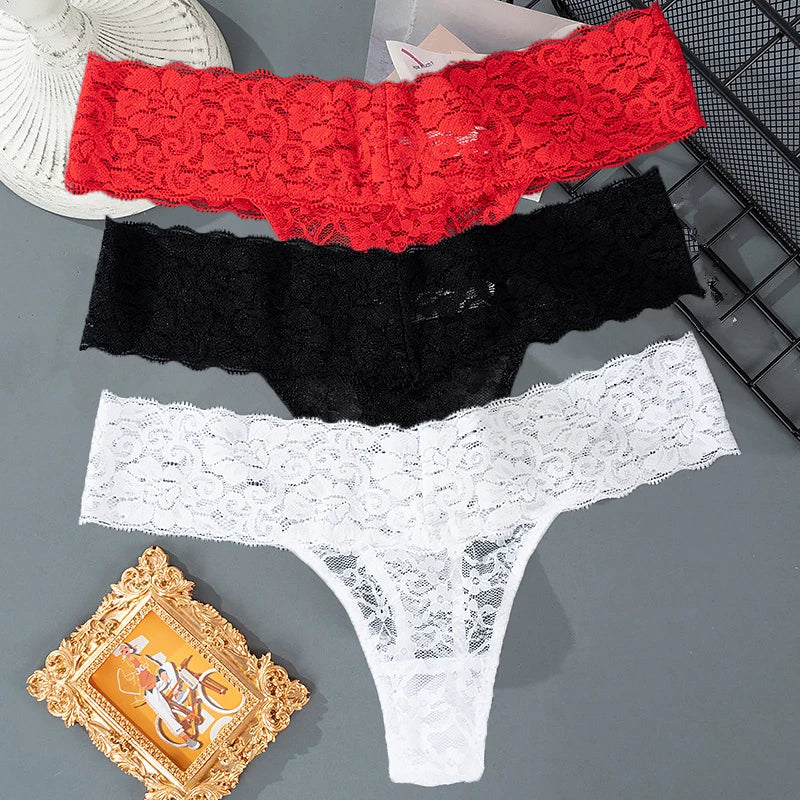 3PCS Lace Floral Women’s Panties - Low Waist Breathable Briefs & Thong, Sexy G-String Transparent Underwear (M-2XL)