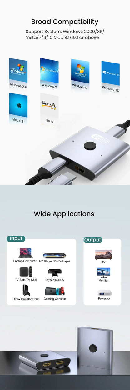 NIERBO 8K Bi-Directional HDMI 2.1 Switch Splitter - 2 in 1 Out Ultra HD 4K@120Hz 8K@60Hz 48Gbps Aluminum Hub for PS5 & Xbox