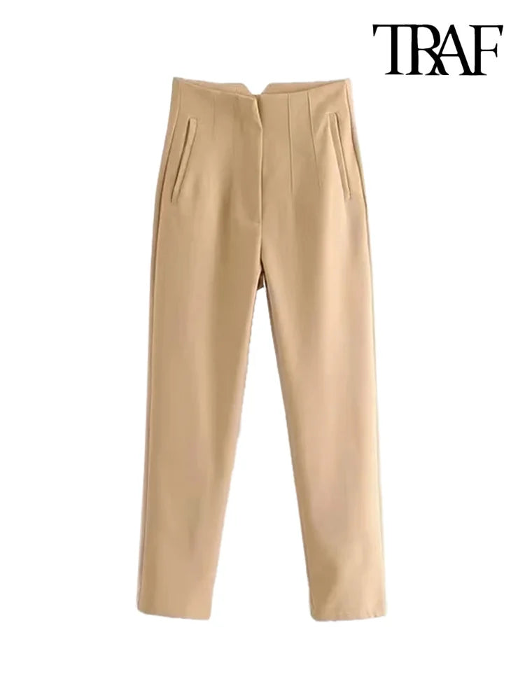 TRAF Women's Fashion Pants: Casual Basic Solid Vintage High Waist Zipper Fly Ankle Trousers with Pockets