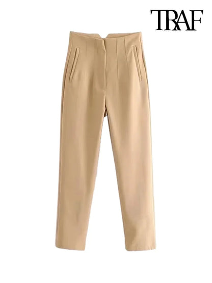 TRAF Women's Fashion Pants: Casual Basic Solid Vintage High Waist Zipper Fly Ankle Trousers with Pockets
