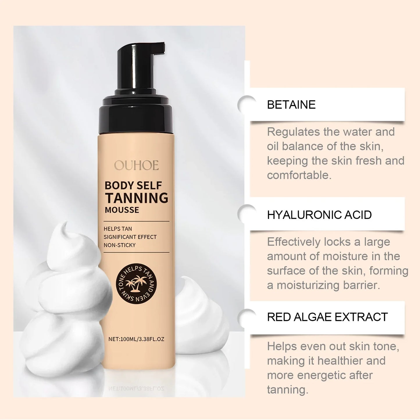 Body Self Tanning Mousse — Quick Natural Bronze Tan Foam for Face & Body, Sunless Fake Tan Bronzer