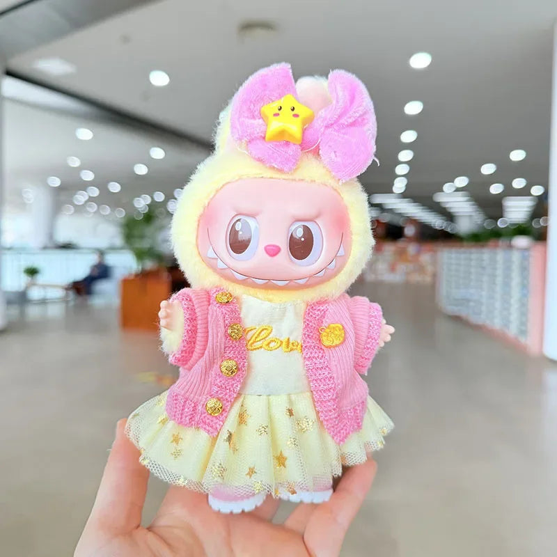 17cm Labubu Doll Clothes — Macaron Outfit Set with Hair Accessories | Cute DIY Gift for Kids