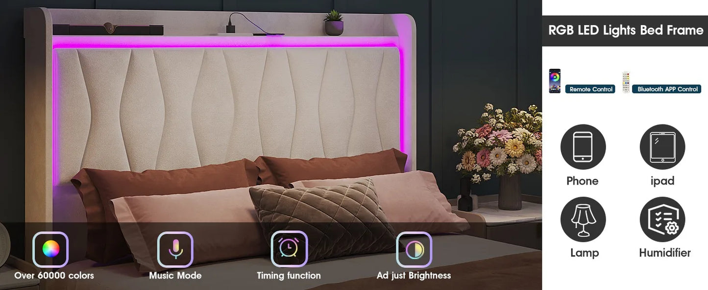Queen Size Upholstered Platform Bed Frame with LED Lights, 3 Storage Drawers & USB Charging Station – Velvet Finish