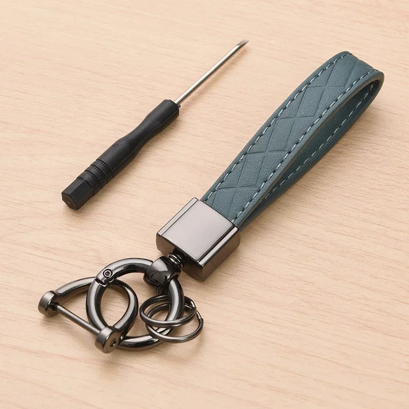 5-Color Genuine Leather Plaid Keychain – Luxury Black Buckle Car Key Ring for Men & Women, Gift for Friends