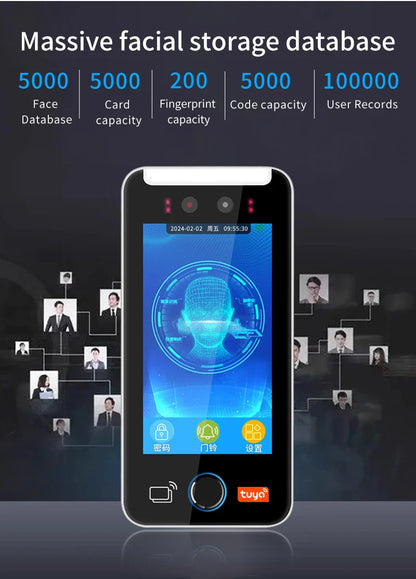 Asia Teco 5-Inch Face Recognition Access Control – WiFi TCP/IP Attendance Machine with Tuya App & Fingerprint Scanner
