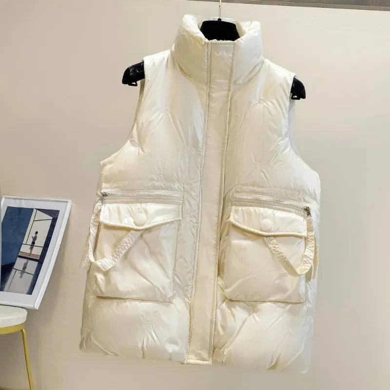 Women's Sleeveless Puffer Vest - Short Bright-Finish Winter Down Cotton Waistcoat Jacket