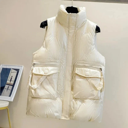 Women's Sleeveless Puffer Vest - Short Bright-Finish Winter Down Cotton Waistcoat Jacket