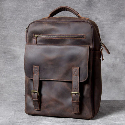 Vintage Crazy Horse Leather Backpack for Men — 17" Laptop Travel Rucksack Cowhide Hiking Bag M815