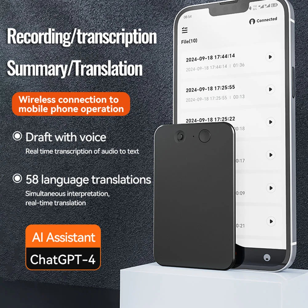 AI ChatGPT-4o Intelligent Voice Recorder — Noise Reduction Audio Dictaphone with 59 Languages Translation & Summarize, 8-128GB Storage