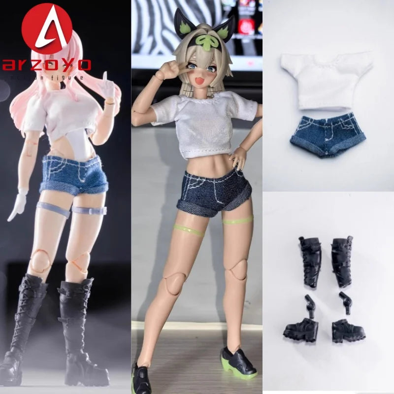 C-010 1/12 Scale Female Outfit – T-Shirt & Denim Shorts for 6’’ Romankey Soldier Action Figures