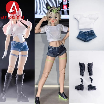 C-010 1/12 Scale Female Outfit – T-Shirt & Denim Shorts for 6’’ Romankey Soldier Action Figures