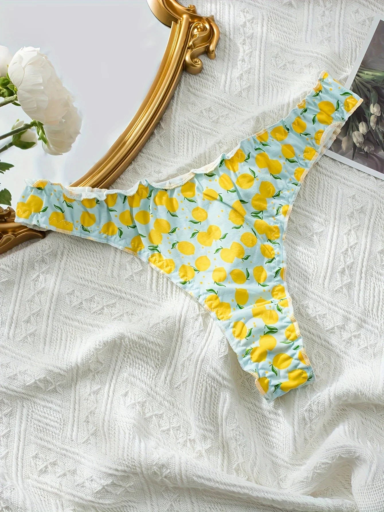 5Pcs Women’s Cotton Ruffle Thong Set - Mixed Fruit Pattern Wrinkled Comfortable Soft Underwear