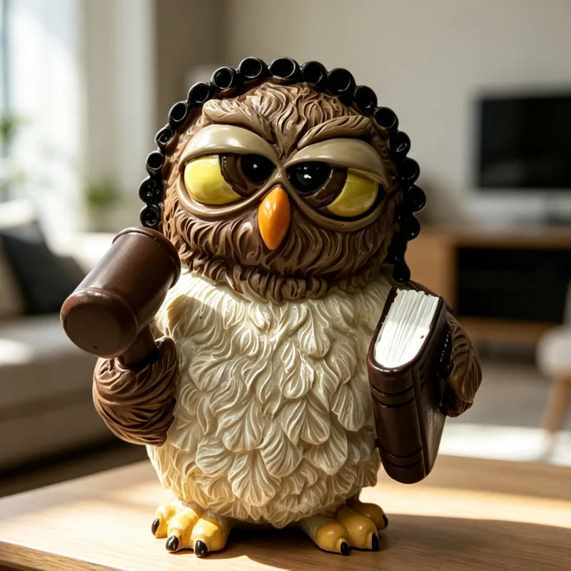 Judge Owl Resin Figurine - Brown & White Lawyer Owl Statue for Home & Office Decor