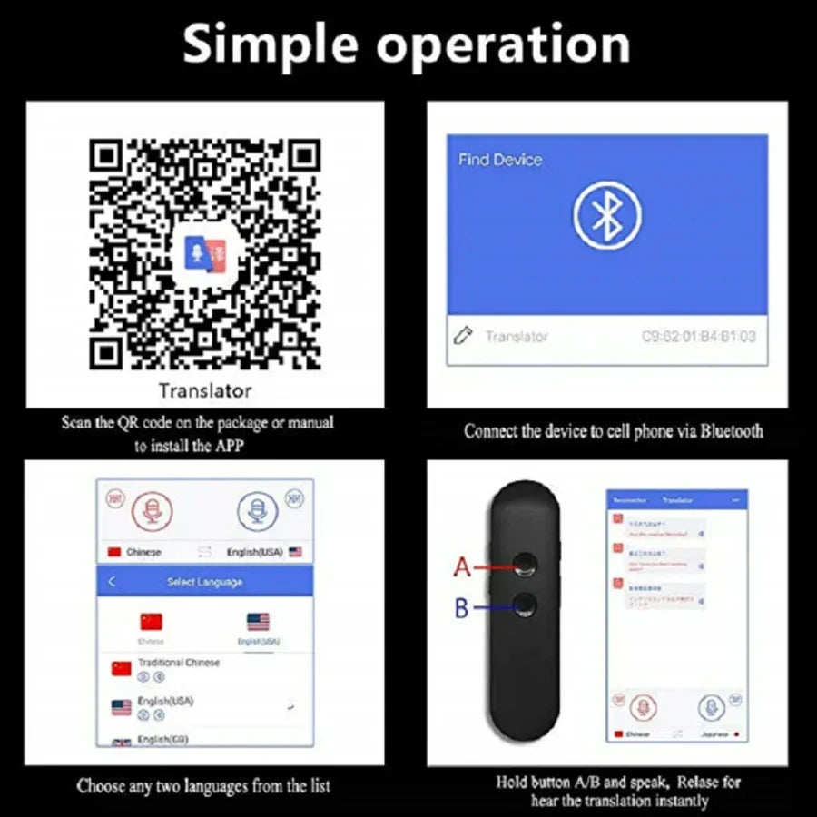 2024 T4 Portable Wireless Smart Translator - Two-Way Instant Voice Translation in 40 Languages, Bluetooth Multi-Language App