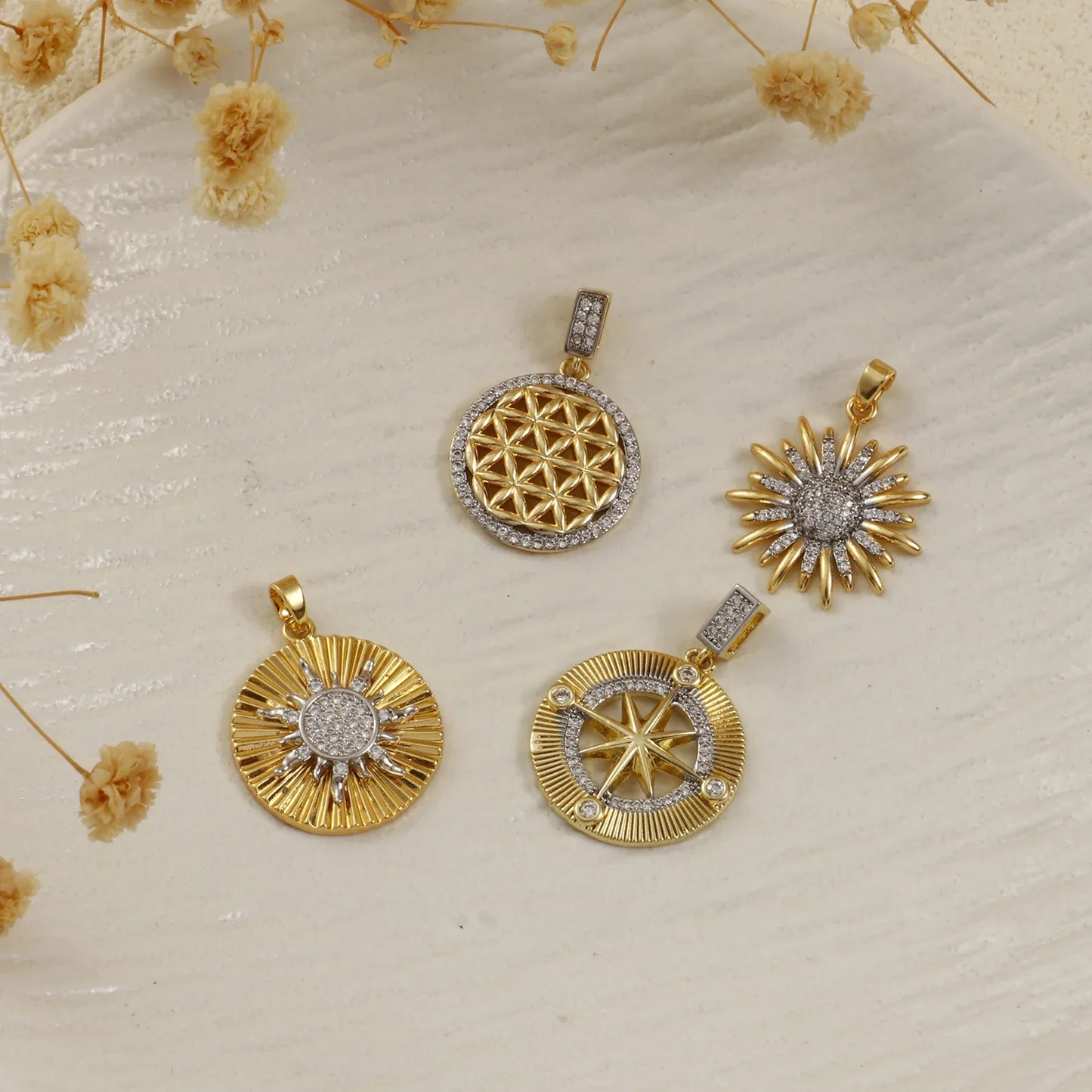 18K Gold Plated Sunflower Star Pendant – Brass Micro Pave Cubic Zirconia DIY Necklace Jewelry Making Charm