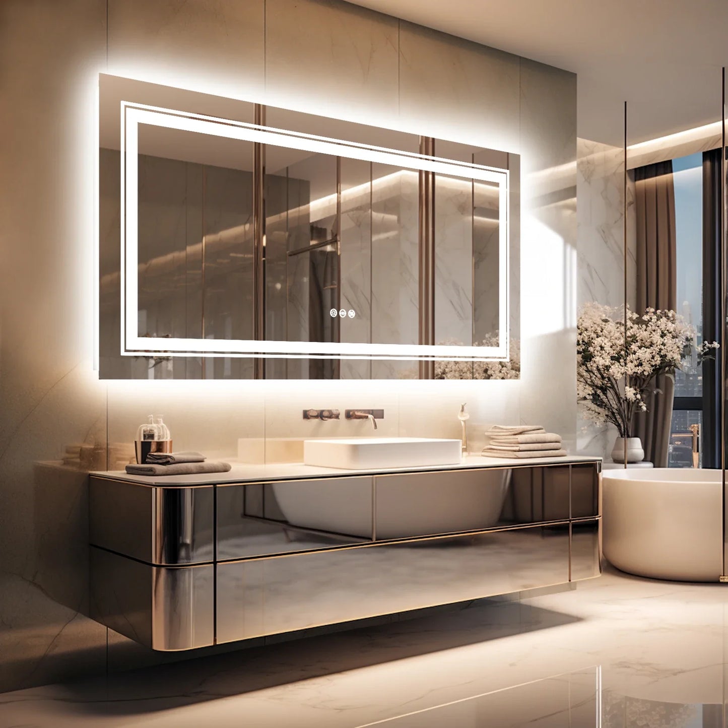 Extra Large Rectangle LED Bathroom Mirror – Dimmable, Anti-Fog, Shatter-Proof Vanity Mirror with Front & Backlight