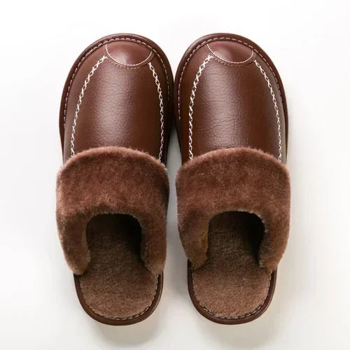 Men’s Winter Leather Slippers — Waterproof, Thick Velvet Cotton Indoor Home Shoes, Warm Bedroom Footwear