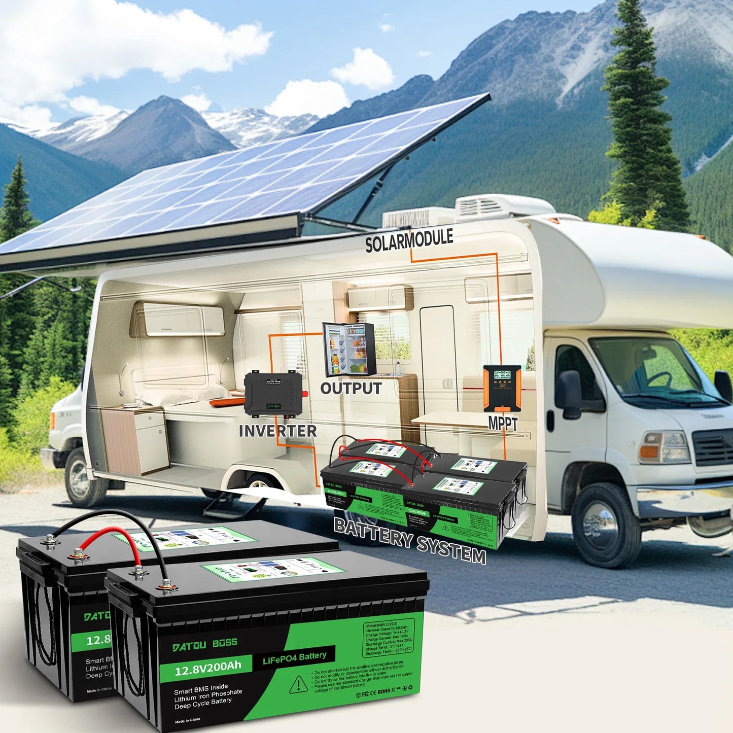 DATOUBOSS 12V 100Ah LiFePO4 Battery — 1280Wh Lithium Battery with 100A BMS, 8000-15000 Deep Cycles, Series/Parallel Support
