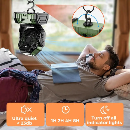 20000mAh Portable Camping Fan — Rechargeable Battery-Powered Outdoor Tent Fan with LED Light, Hanging Hook & 4-Speed Wind