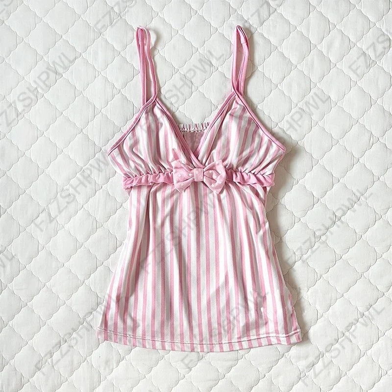 Y2K Harajuku Striped Bow Camisole Crop Top - Retro Kawaii Women's Streetwear