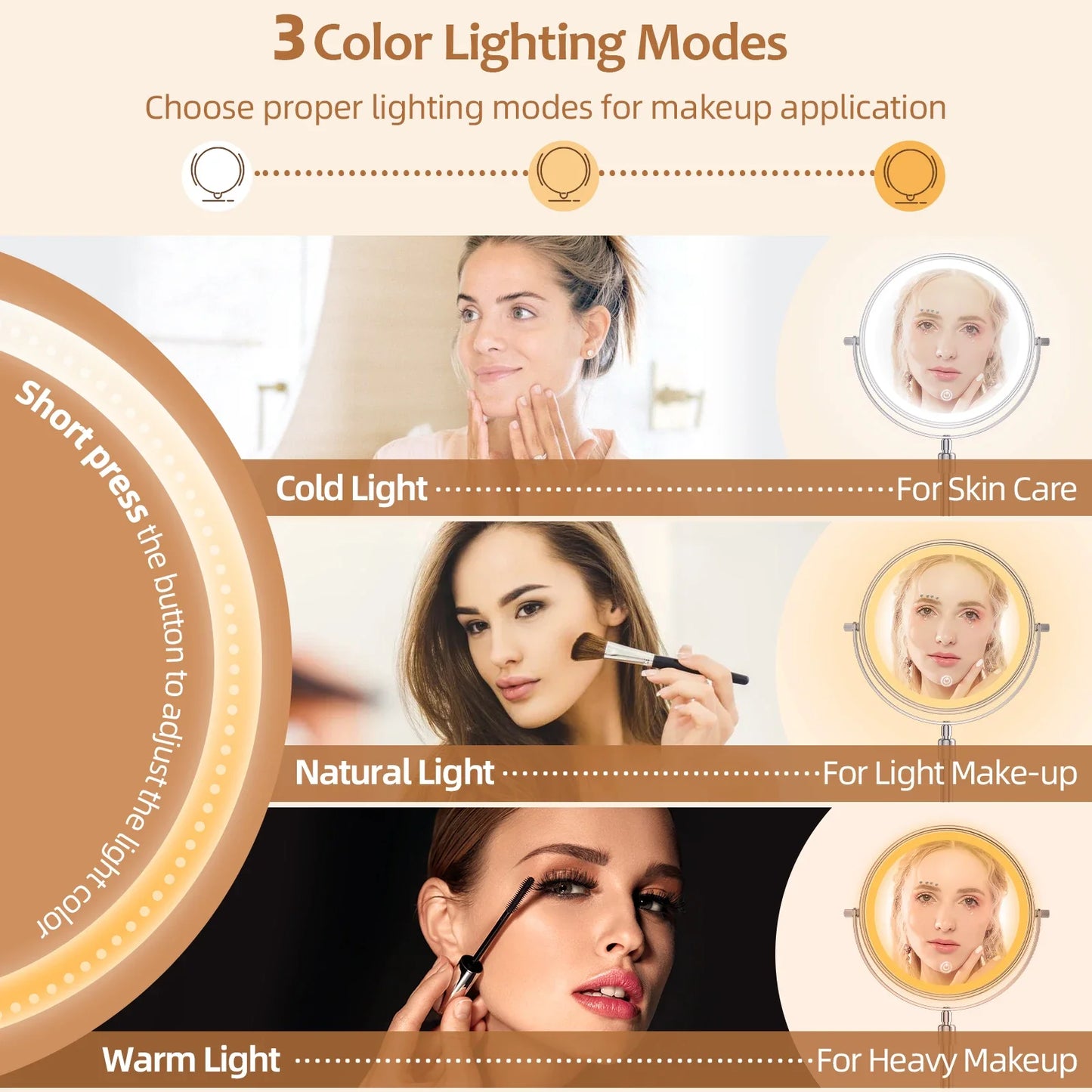 8-Inch Makeup Mirror with Light – 10X Magnification, 3 Color LED, Adjustable Brightness & Height Standing Cosmetic Mirror