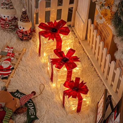 3pcs Lighted Gift Box Decorations - Christmas Tree Skirt Ornaments for Holiday Party Home Decor