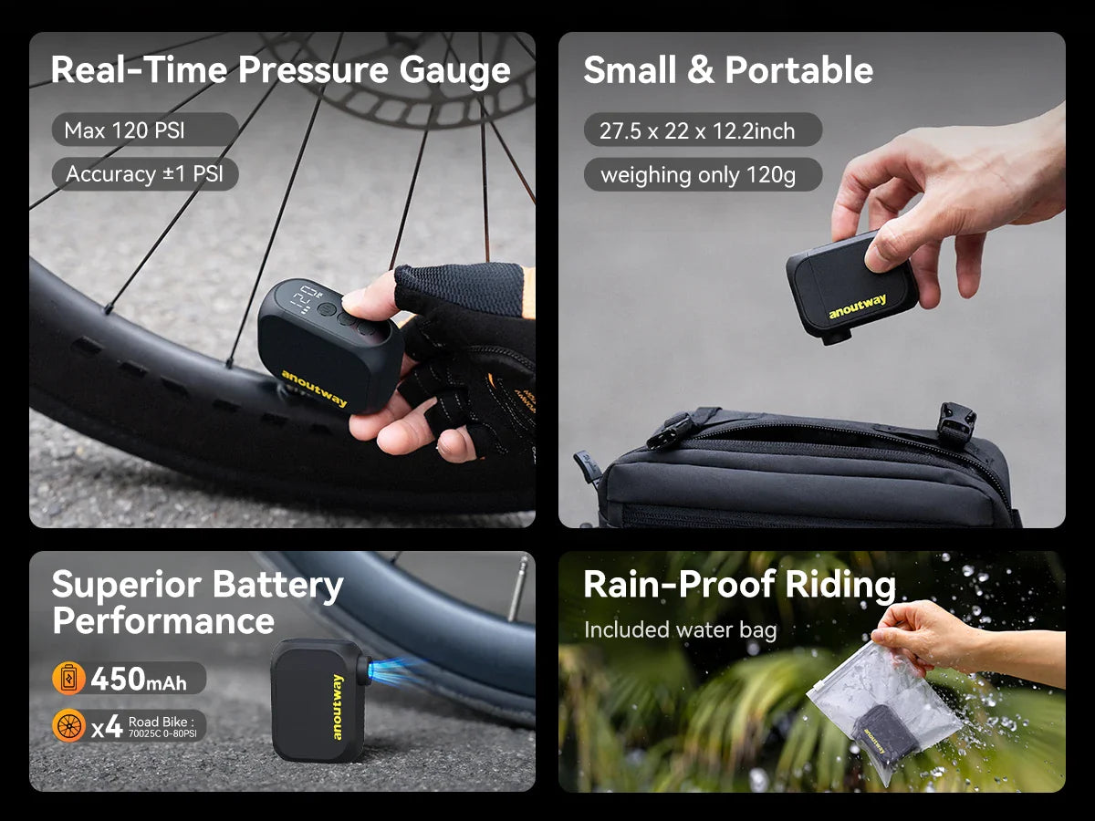 Anoutway AT1 Pro Mini Electric Bike Pump – Cordless Tire Inflator with Screen, 120PSI Max, 25-Min Fast Charging, 450mAh Battery