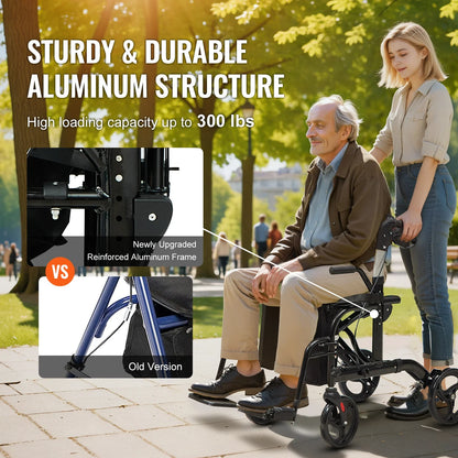VEVOR 2-in-1 Rollator Walker & Transport Chair – Folding Aluminum Mobility Walker and Wheelchair Combo for Seniors