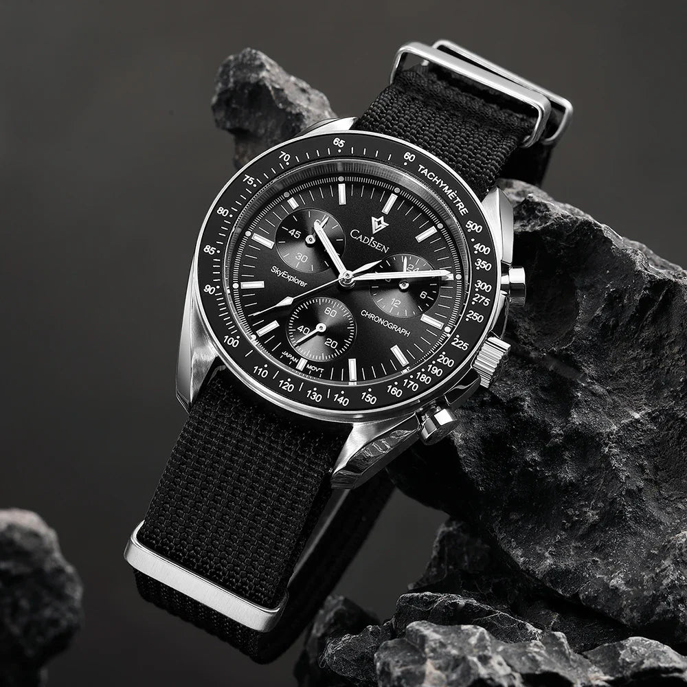 CADISEN Men's Luxury Watch – Quartz VK68 Chronograph, Sapphire AR Crystal, Canvas Strap Speed Style Wristwatch