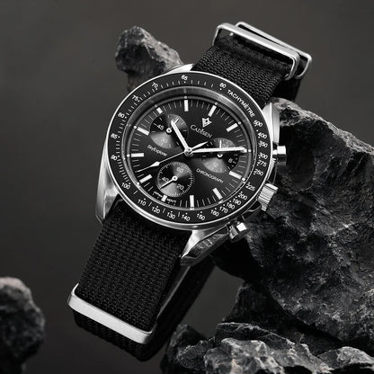 CADISEN Men's Luxury Watch – Quartz VK68 Chronograph, Sapphire AR Crystal, Canvas Strap Speed Style Wristwatch