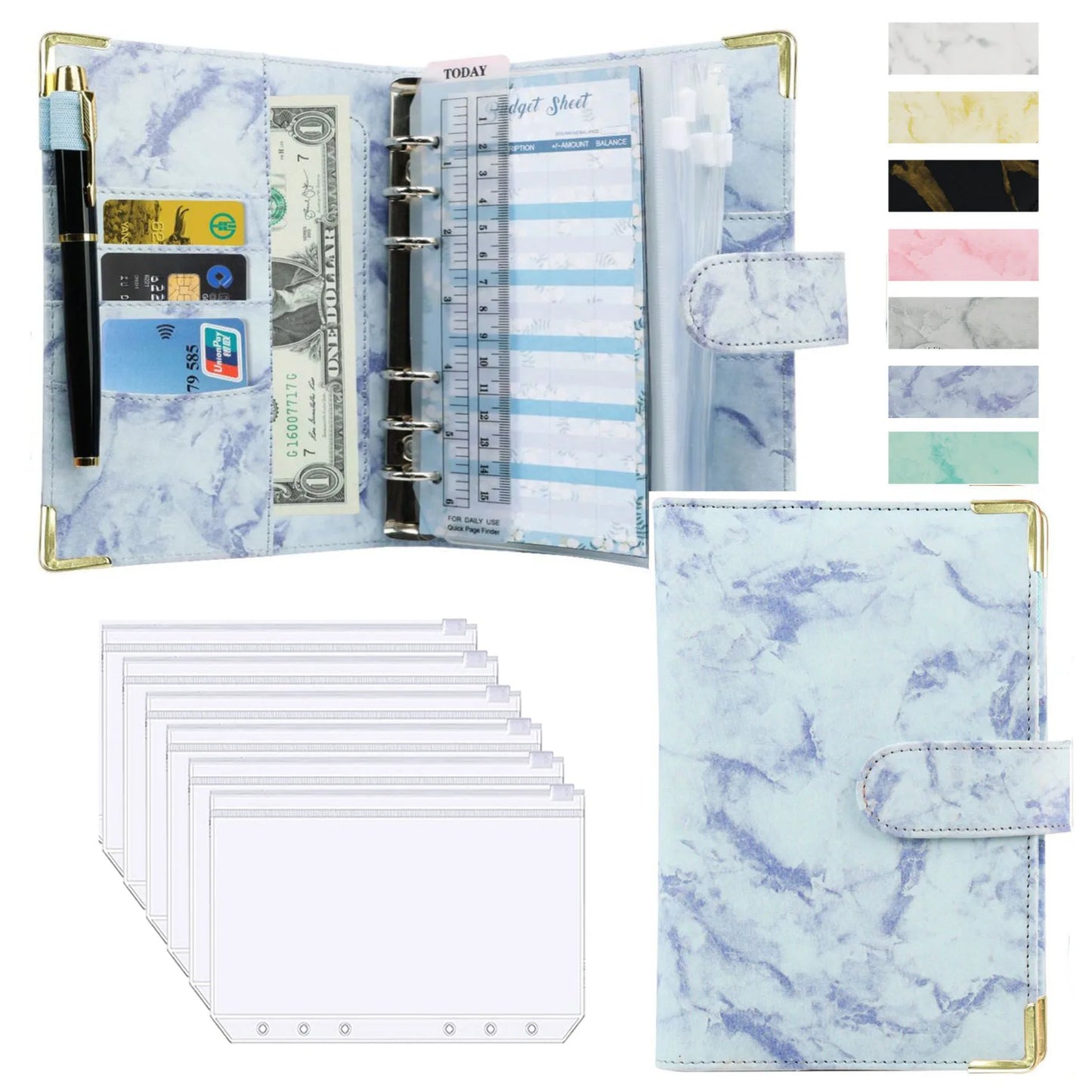 A6 Money Saving Organizer – PU Leather Budget Binder with Marble Notebook, 2023 Budget Planner, Envelope Office & School Supplies