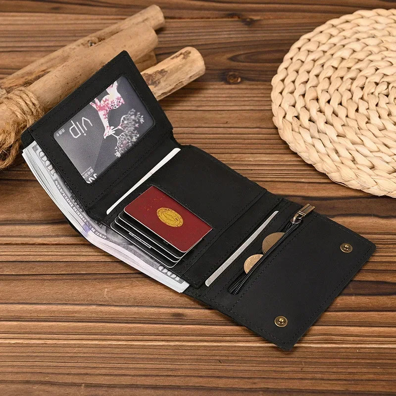 Men's Genuine Leather Short Wallet with Chain – Zipper Clutch, Trifold Purse, Card Holder & Coin Purse for Men