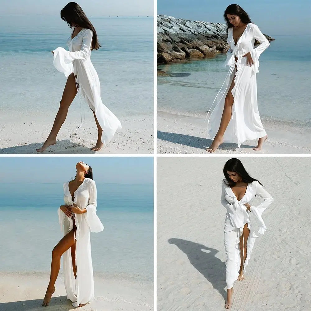 Women’s V-Neck Ruffled Beach Cover Up Dress – Long Sleeve Bikini Sunscreen Smock Vacation Swimsuit Casual Summer Outfit