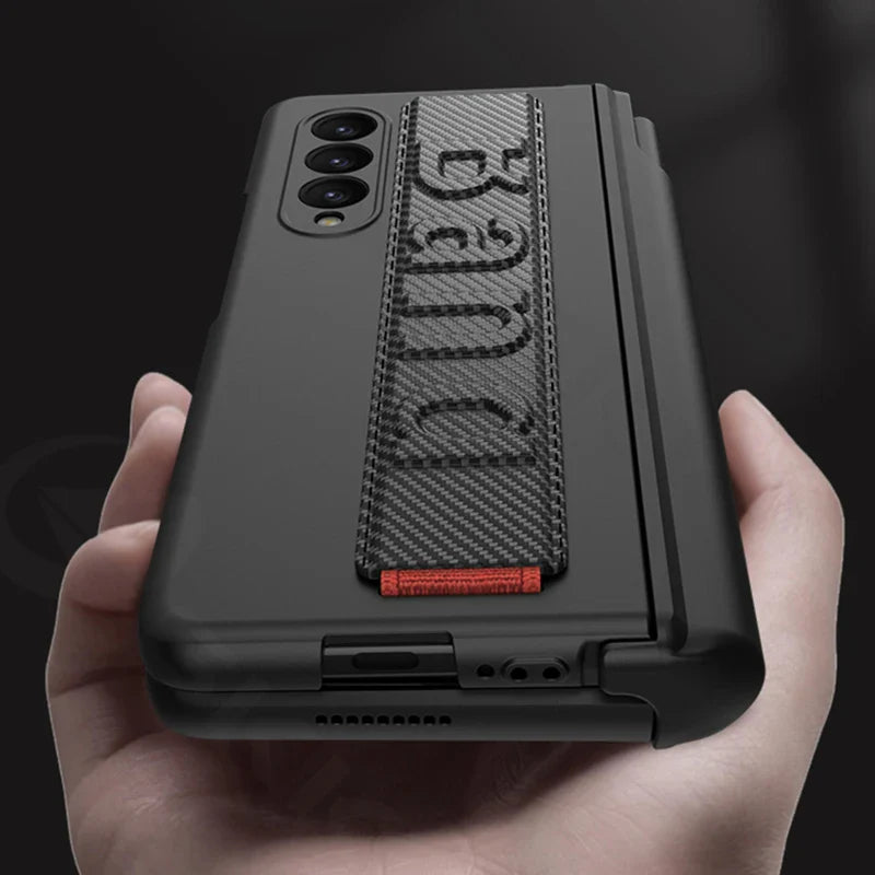 Magnetic Hinge Wrist Strap Case with Pen Slot & Screen Glass for Samsung Galaxy Z Fold 6/5/4/3 – Hard Protective Cover