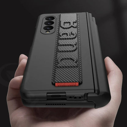 Magnetic Hinge Wrist Strap Case with Pen Slot & Screen Glass for Samsung Galaxy Z Fold 6/5/4/3 – Hard Protective Cover