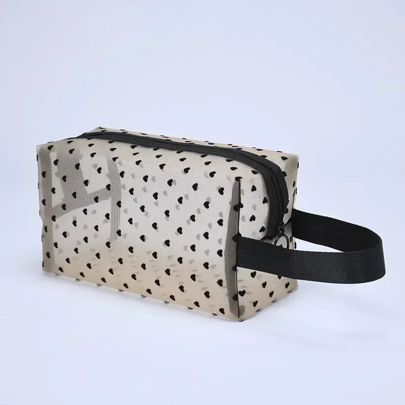 Nylon Mesh Heart-Shaped Cosmetic Bag — Zipper Toiletry & Makeup Organizer Pouch for Women, Multifunctional Lipstick, Key, and Coin Purse