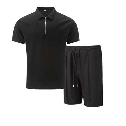 2025 Men's Summer Waffle Knit Short Set – Solid Color Zip-Up Lapel Shirt & Shorts | European & US Style